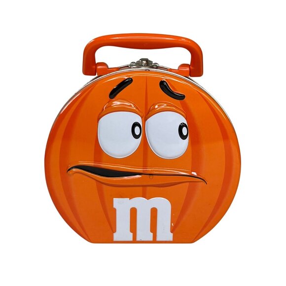 M&Ms Pumpkin Lunchbox Tin Orange Collectible Handle Mini Vintage - Picture 1 of 8